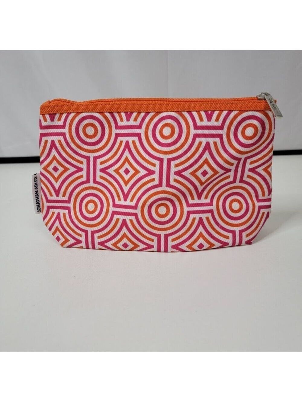 🧡 Clinique x Jonathan Adler Orange & Pink Geometric Mod Makeup Bag – 9.5" Wide
